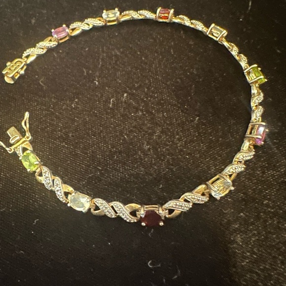 Gold Vermeil Multi Gemstone Chain Bracelet 8" Garnet Amethyst Topaz - Picture 4 of 7